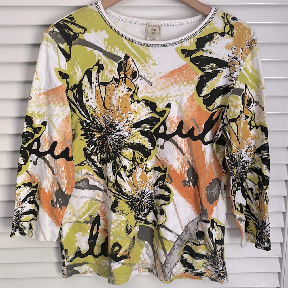 Jess & Jane Vibrant Print Floral Rhinestone Watercolor Shirt